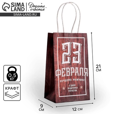 Пакет подарочный крафт, упаковка, «С 23 февраля», 12×21×9 см