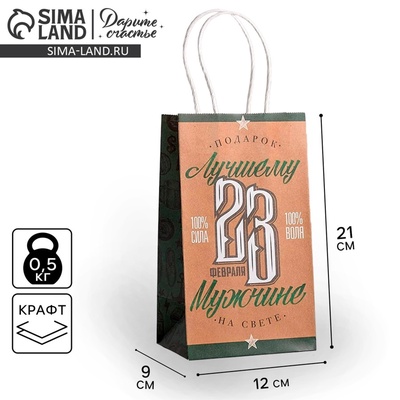 Пакет подарочный крафт, упаковка, «С 23 февраля», 12×21×9 см