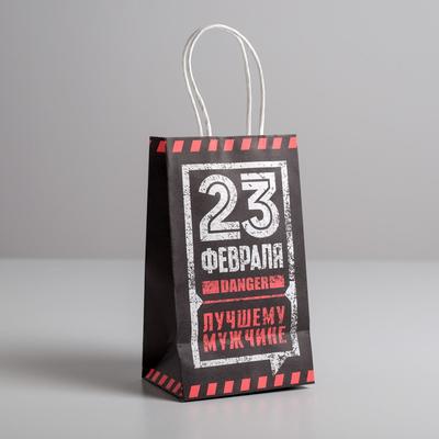 Пакет подарочный крафт, упаковка, «С 23 февраля!», 12×21×9 см