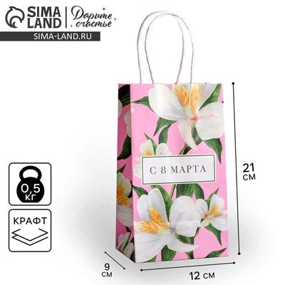 Пакет подарочный крафт, упаковка, «С 8 марта», 12×21×9 см