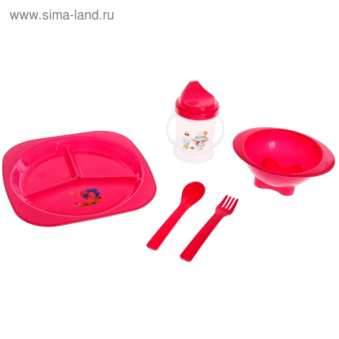 Набор детской посуды: тарелка квадратная, ложка, вилка, миска, поильник, цвета МИКС - Фото 1