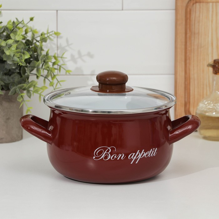 Кастрюля эмалированная «Бордо», 2,1 л, стеклянная крышка, индукция, цвет бордовый - Фото 1