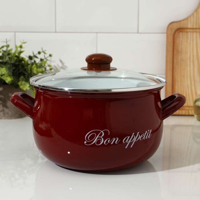 Кастрюля эмалированная «Бордо», 4 л, d=20 см, стеклянная крышка, индукция, цвет бордовый - Фото 1