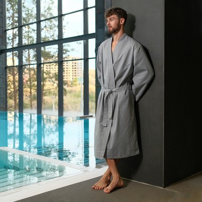 Халат вафельный мужской удлинённый Экономь и Я размер 46-48, цвет серый, 100% хлопок, 200 г/м²