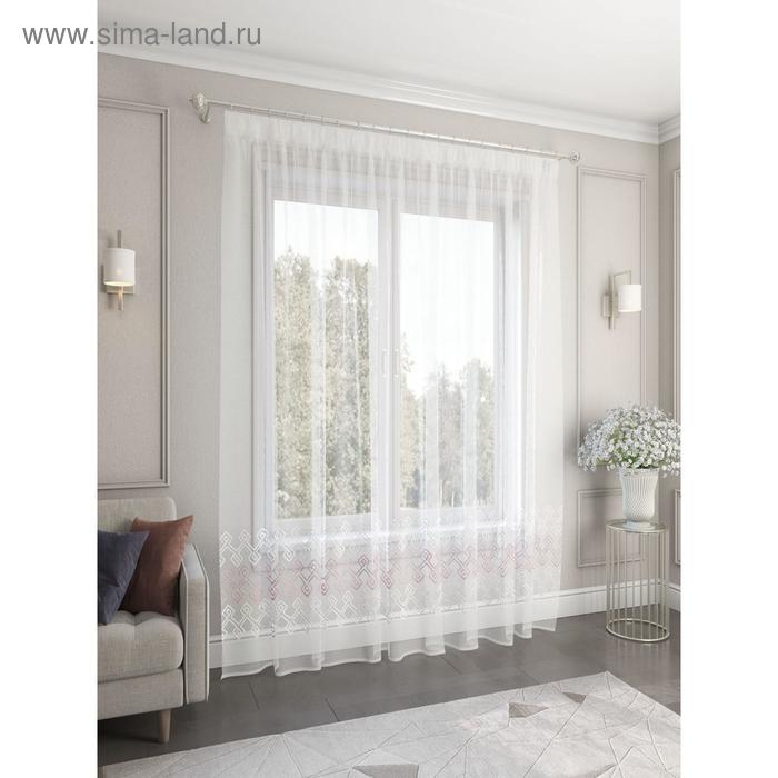 Штора, размер 300x260 см, цвет белый с розовой вышивкой, вуаль