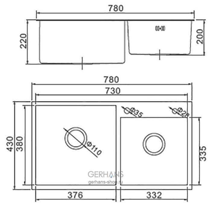 Мойка кухонная GERHANS K37843-S, врезная, двойная, 780х430х220 мм, с сифоном, S = 3.0 и 0.8 мм, глянцевая - фото 18536985 Мойка кухонная GERHANS K37843-S, врезная, двойная, 780х430х220 мм, с сифоном, S = 3.0 и 0.8 мм, глянцевая - фото 18536985