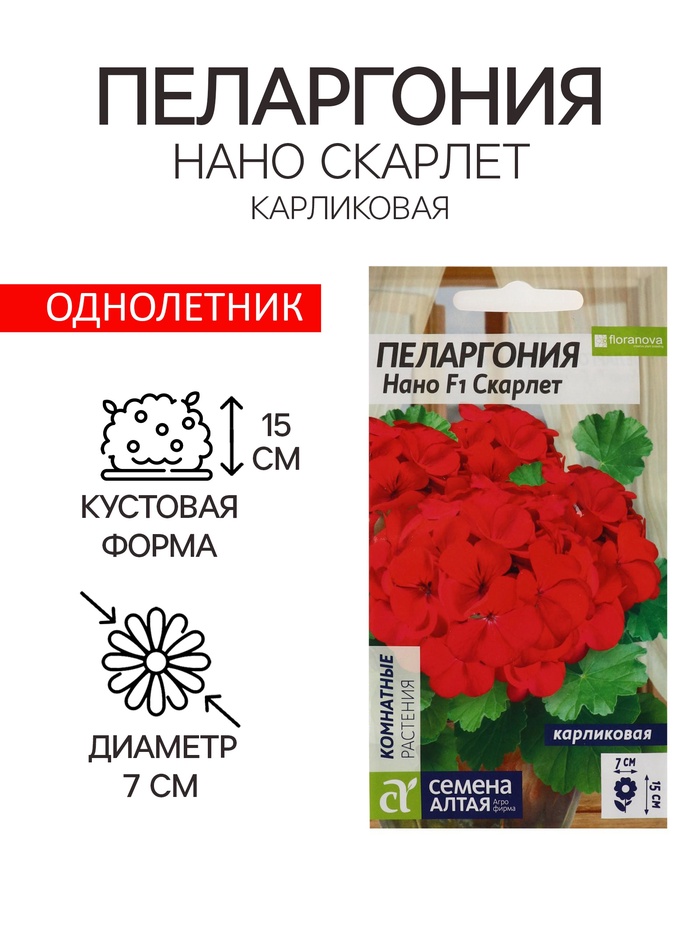 Семена цветов Пеларгония "Нано", ц/п, "Скарлет", ц/п, 3 шт - Фото 1