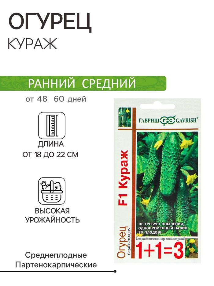Семена Огурец "Кураж",  F1,  серия 1+1, 20 шт - Фото 1