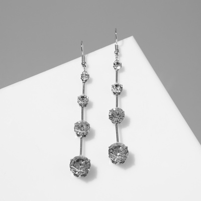 Серьги висячие со стразами «Капли» дорожка, цвет белый в серебре, 6.2 см