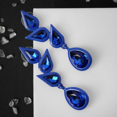 Серьги висячие со стразами «Пламя», цвет синий