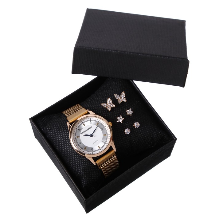 Женский подарочный набор Bolingdun 2 в 1: наручные часы, серьги, d-3.1 см - Фото 1