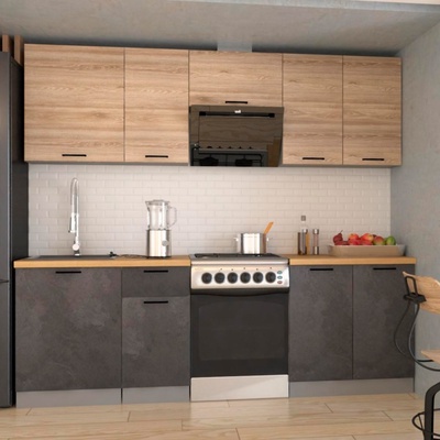Модульный кухонный гарнитур «Лофт 28», 2400×600 мм, цвет серый/рустик натуральный/бетон тёмный/дуб бунратти