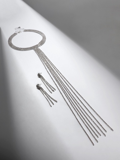 Набор 2 предмета: серьги, колье «Лёд», дорожка, белый в серебре, 30 см