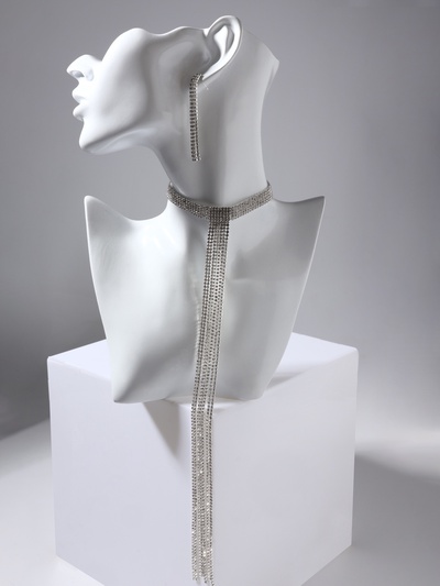 Набор 2 предмета: серьги, колье «Лёд», дорожка, белый в серебре, 30 см