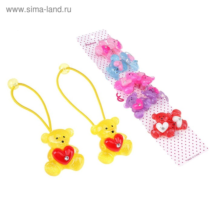 резинка для волос конфетка набор 6 пар мишка с сердцем - Фото 1