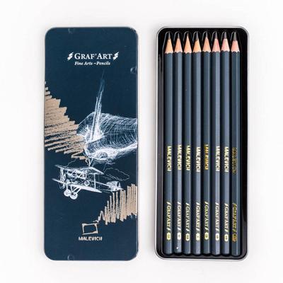 Набор чернографитных карандашей разной твёрдости "Малевичъ" Graf'Art, 8 штук, 8B-2H, в металлической коробке