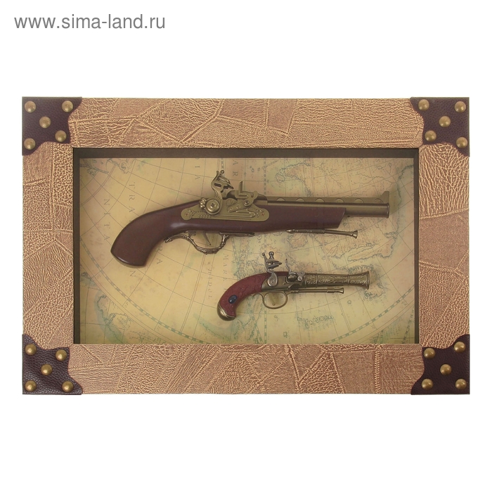 Мушкет, пистолет, в раме, углы кожзам, на карте мира, 40х60 см - Фото 1