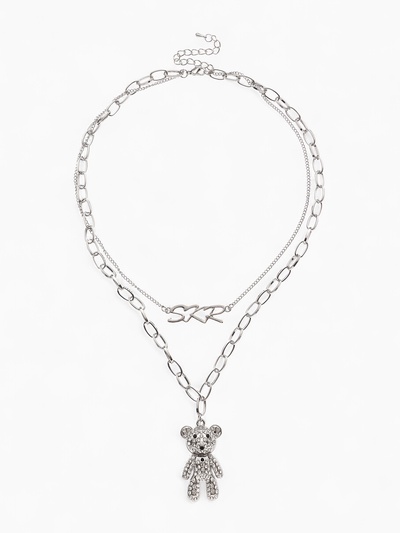 Кулон «Цепь» мишка в стразах, цвет белый в серебре, L=50 см