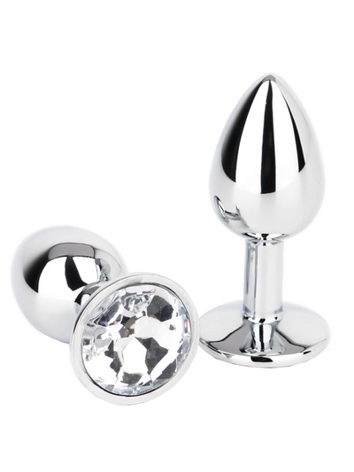 Анальная пробка серебряная, кристалл прозрачный, d=28 мм