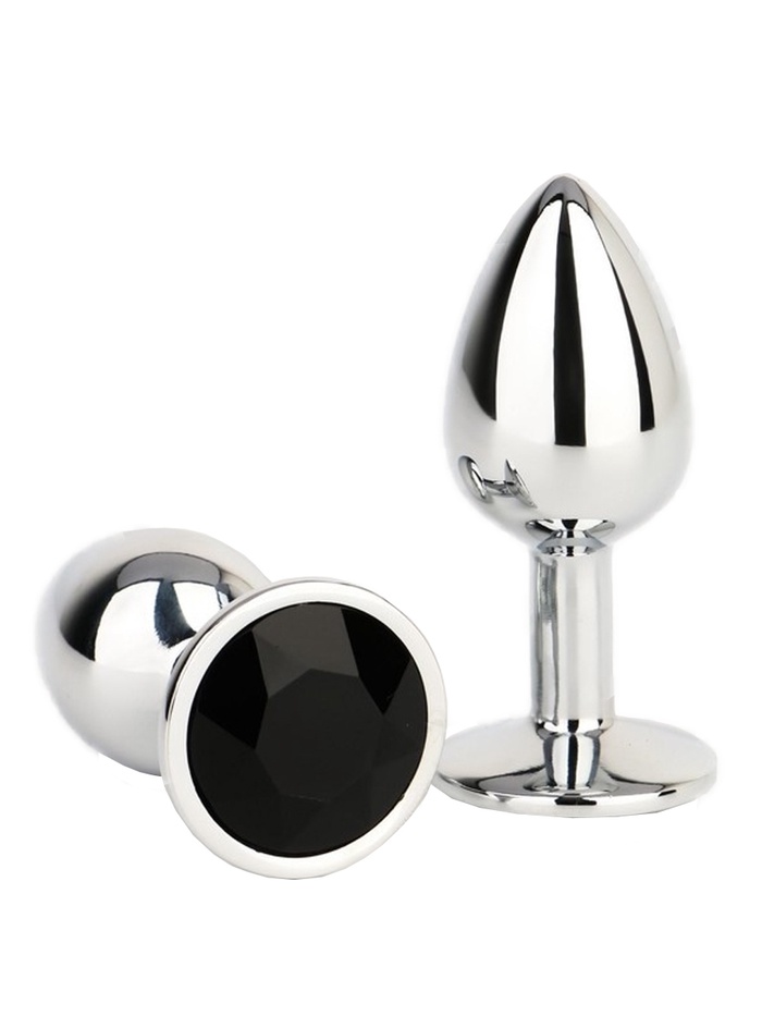 Анальная пробка серебряная, кристалл черный, d=28 мм - Фото 1