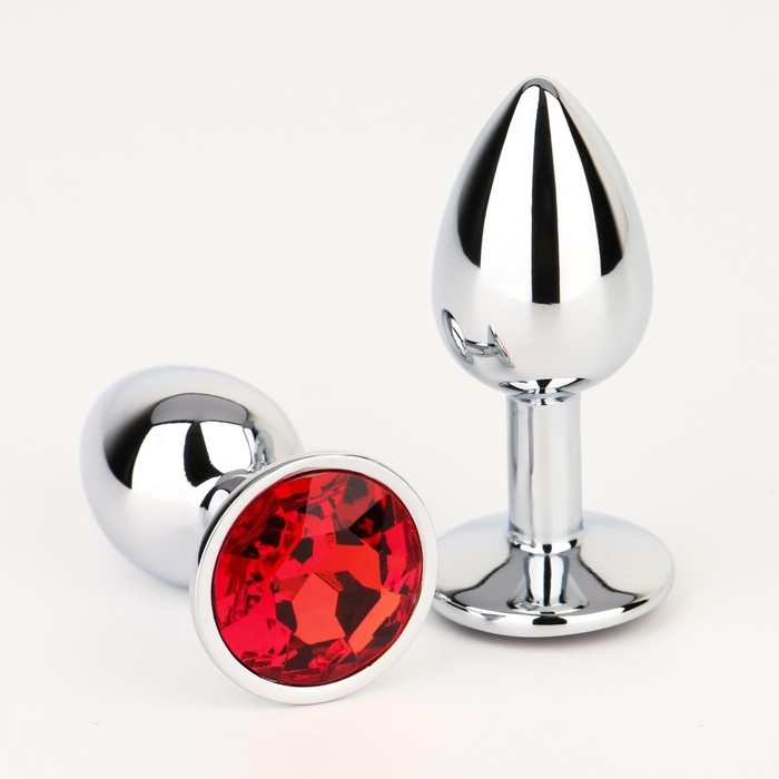 Анальная пробка серебряная, кристалл красный, D = 28 мм - Фото 1