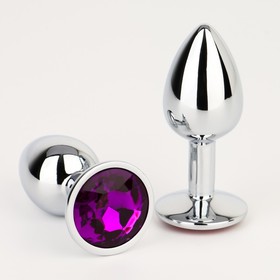 Анальная пробка Оки- Чпоки, серебряная, кристалл фиолетовый, D = 28 мм
