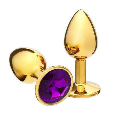 Анальная пробка Оки-Чпоки, золотая, кристалл тёмно-фиолетовый, D = 27 мм