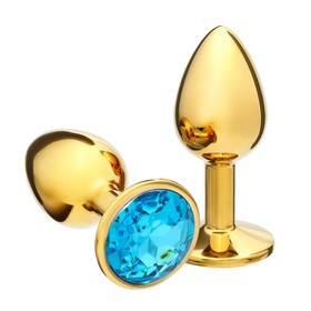 Анальная пробка Оки-Чпоки, золотая, кристалл голубой, D = 27 мм