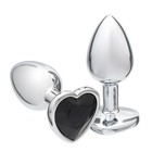 Анальная пробка Оки-Чпоки, серебряная, кристалл черный, в форме сердца, D = 28 мм - Фото 1