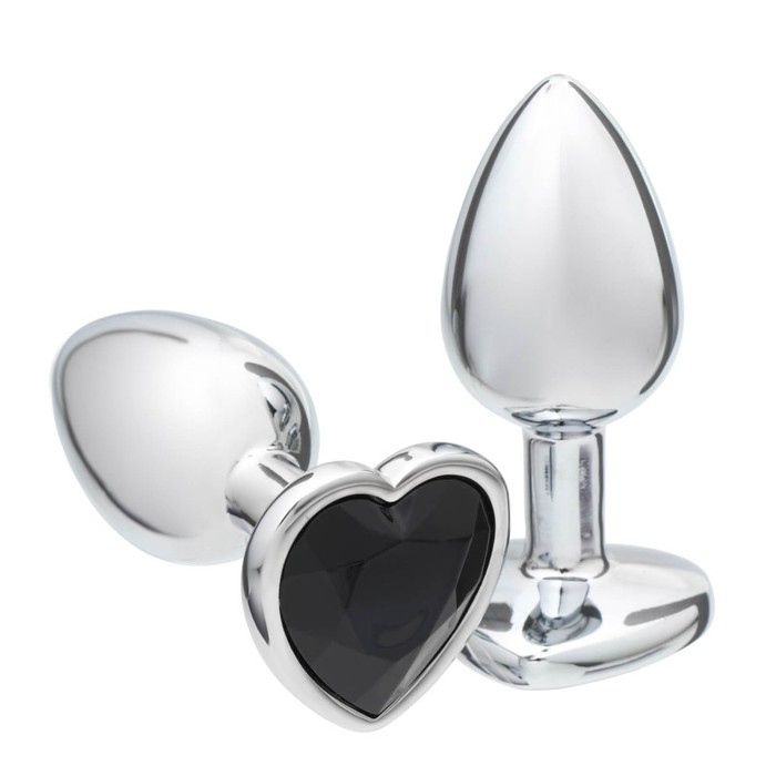 Анальная пробка Оки- Чпоки, серебряная, кристалл черный, в форме сердца, D = 28 мм - Фото 1