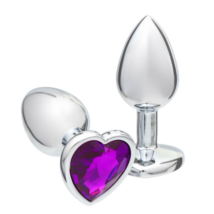 Анальная пробка Оки- Чпоки, серебряная, кристалл фиолетовый, в форме сердца, D = 28 мм - Фото 1
