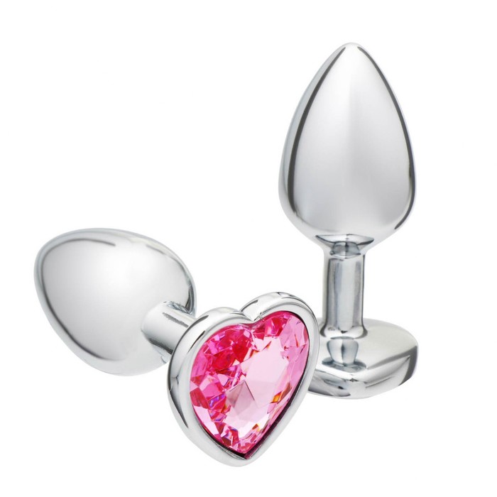 Анальная пробка Оки-Чпоки, серебряная, кристалл розовый, в форме сердца, D = 28 мм - Фото 1