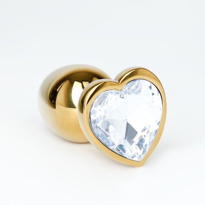 Анальная пробка Оки-Чпоки, золотая, кристалл прозрачный, в форме сердца, D = 28 мм - Фото 1
