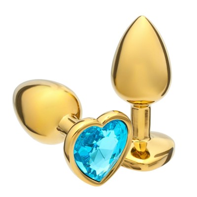 Анальная пробка Оки-Чпоки, золотая, кристалл голубой, в форме сердца, D = 28 мм