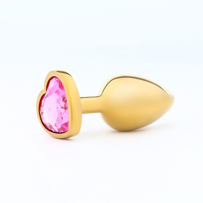 Анальная пробка Оки-Чпоки, золотая, кристалл розовый, в форме сердца, D = 28 мм
