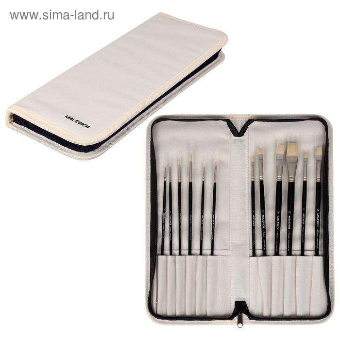 Набор кистей Синтетика 12 штук Malevich "Тициан" (круглые №0, 1.5, 2.5, 4, плоская №2, 4, 6, 10, 14, 20, плоскоовальная №8, скошенная №12) в пенале¶ - Фото 1