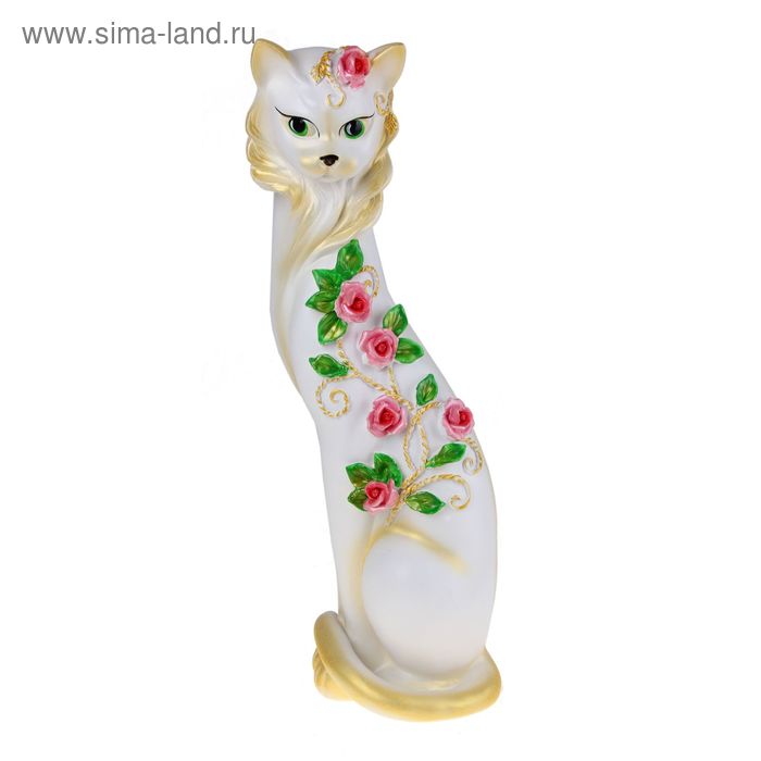 Фигура "Кошка Маркиза" с китайскими розочками белая  14х14х48см - Фото 1