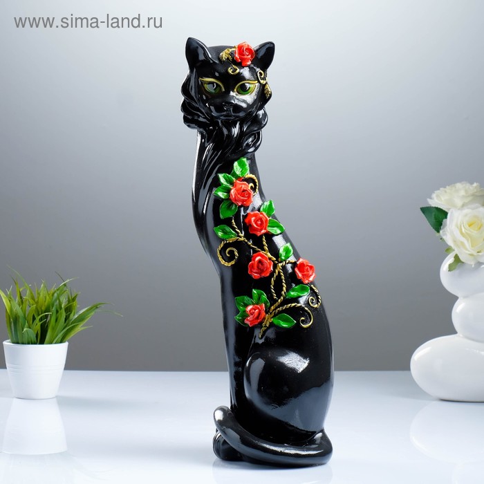 Фигура "Кошка Маркиза" с китайскими розочками черная  13х12х49см - Фото 1