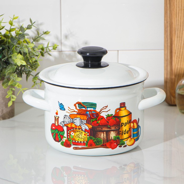 Кастрюля эмалированная, 2 л, деколь МИКС, белая - Фото 1