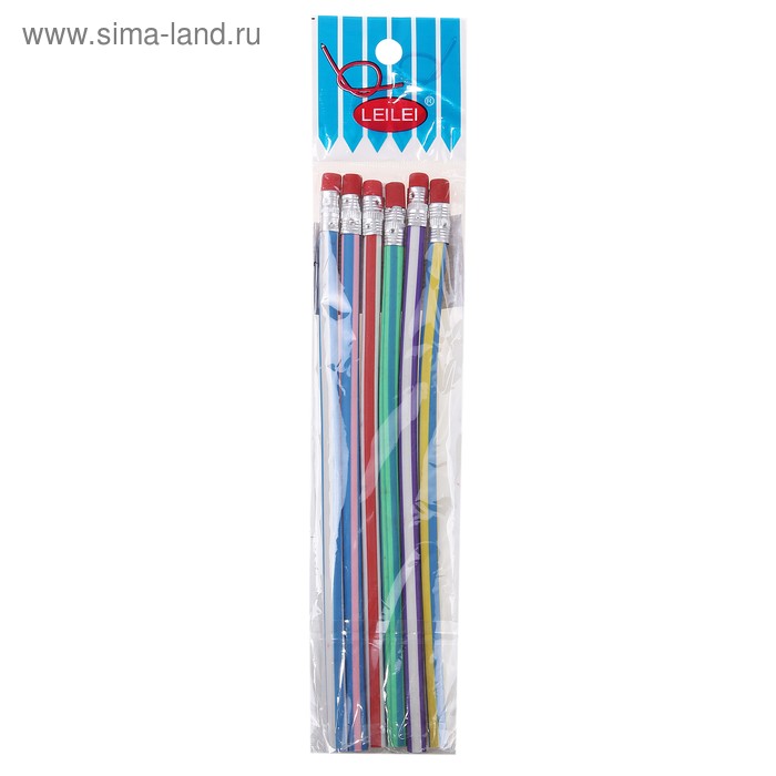 Карандаш чёрнографитный "Гнущийся" с ластиком микс, 6 шт. МИКС - Фото 1