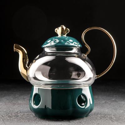 Чайник стеклянный заварочный с металлическим ситом и подставкой для подогрева «Элегия», 600 мл, цвет изумрудный/золотой