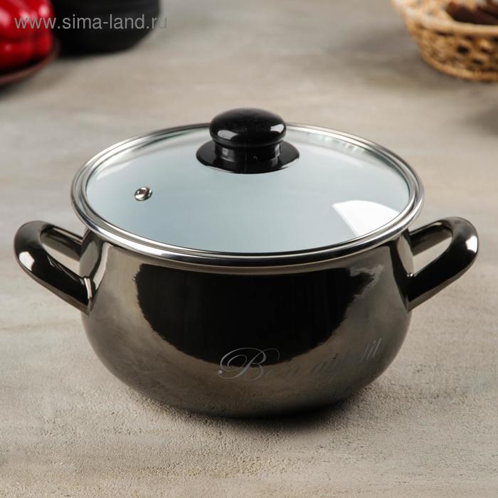 Кастрюля эмалированная «Металлик», 3,1 л, стеклянная крышка, индукция, цвет чёрный - Фото 1