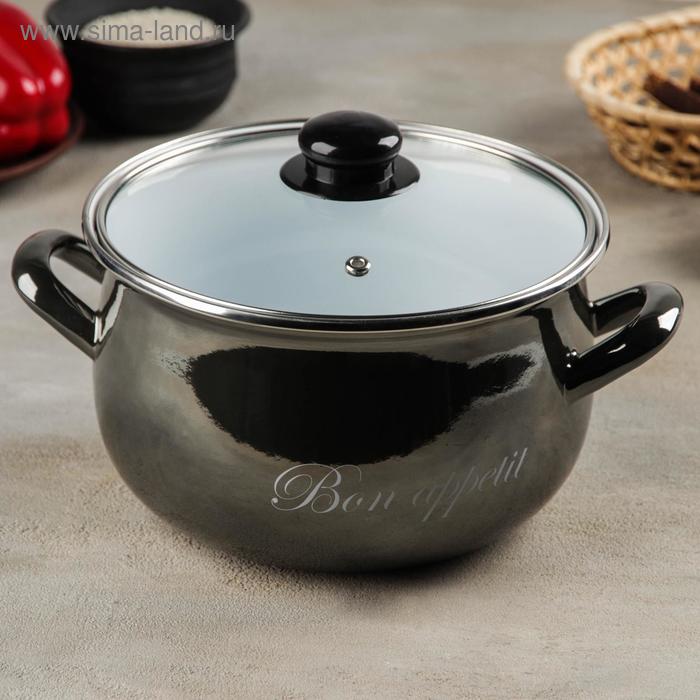 Кастрюля эмалированная «Металлик», 4 л, стеклянная крышка, индукция, цвет чёрный - Фото 1