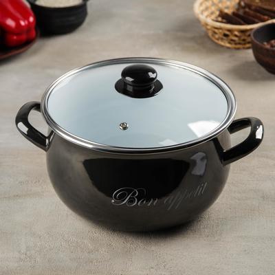 Кастрюля эмалированная «Металлик», 5,1 л, стеклянная крышка, индукция, цвет чёрный