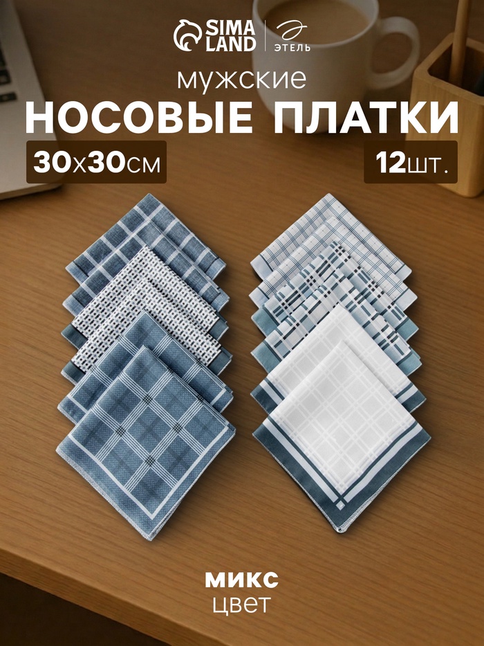 Платки носовые мужские «Этель. Серджио», 30×30 см, 12 шт., хлопок 100%, рисунок МИКС, серые - Фото 1