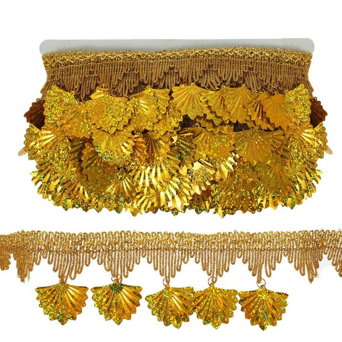 Тесьма с висюльками, ширина 7.5 см, в рулоне 10 м, золотая - Фото 1