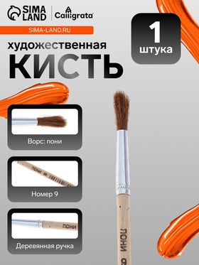 Кисть для рисования, пони, № 9, круглая, деревянная ручка, международный размер (комплект 10 шт)