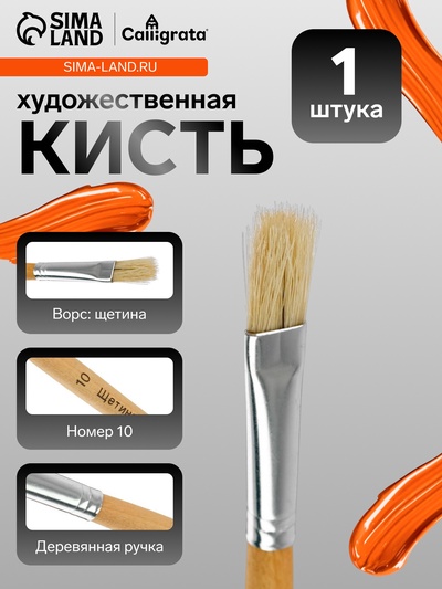 Кисть для рисования, щетина, № 10, плоская, деревянная ручка, международный размер