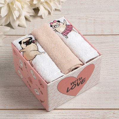 Набор полотенец «Мопсики» 30×30 см-3 шт., 100% хлопок 340 г/м²