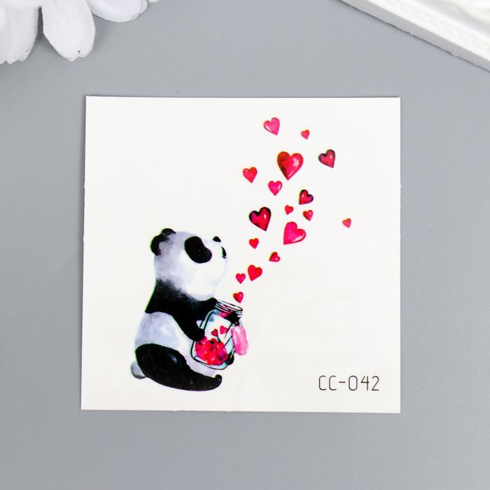 Татуировка на тело цветная "Панда с баночкой с сердцами" 6х6 см - Фото 1